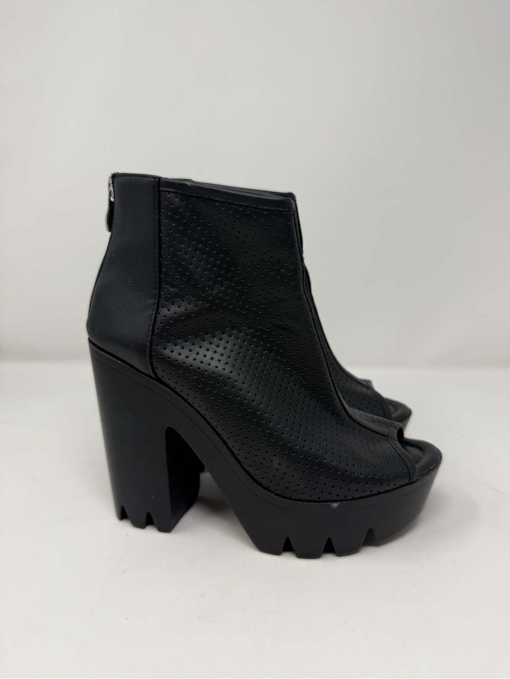 Dolls Kill Black Perforated Peep-Toe Platform Ankle Booties